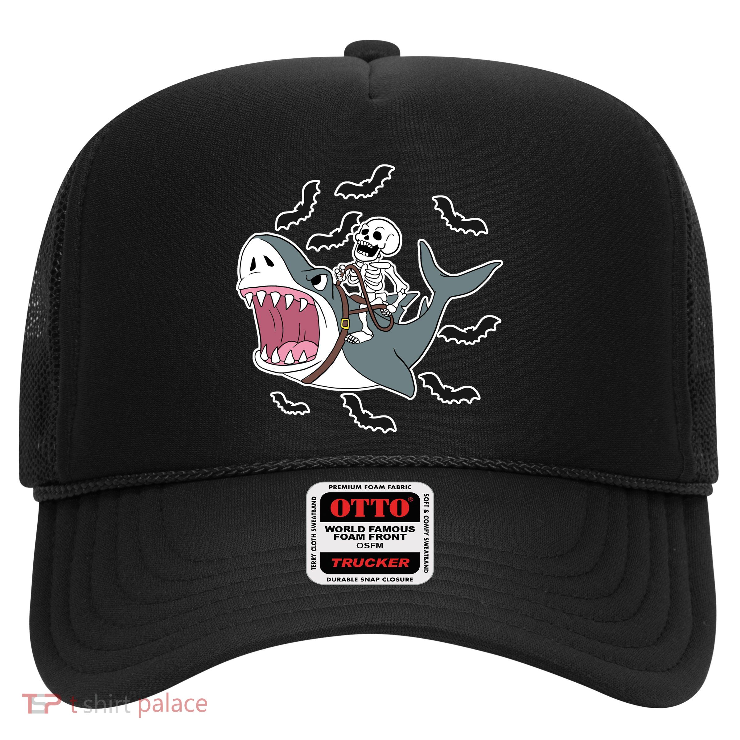 Skeleton Riding Shark Funny Halloween Trucker Hat