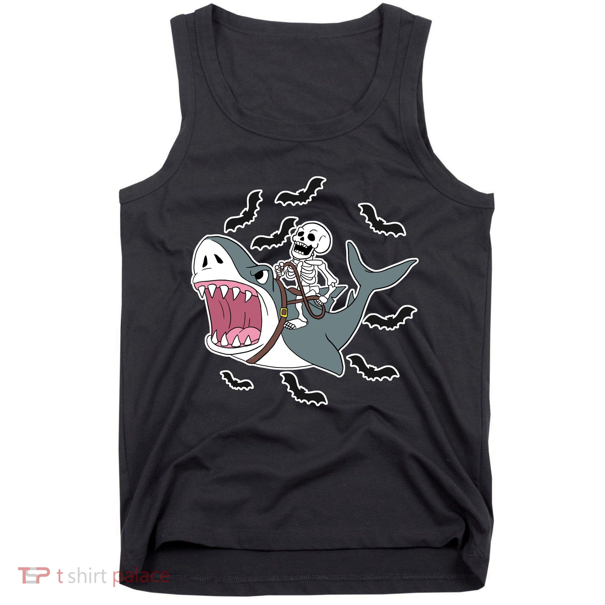 Skeleton Riding Shark Funny Halloween Tank Top