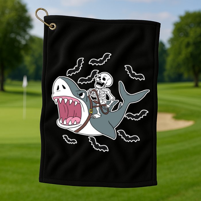 Skeleton Riding Shark Funny Halloween Golf Towel