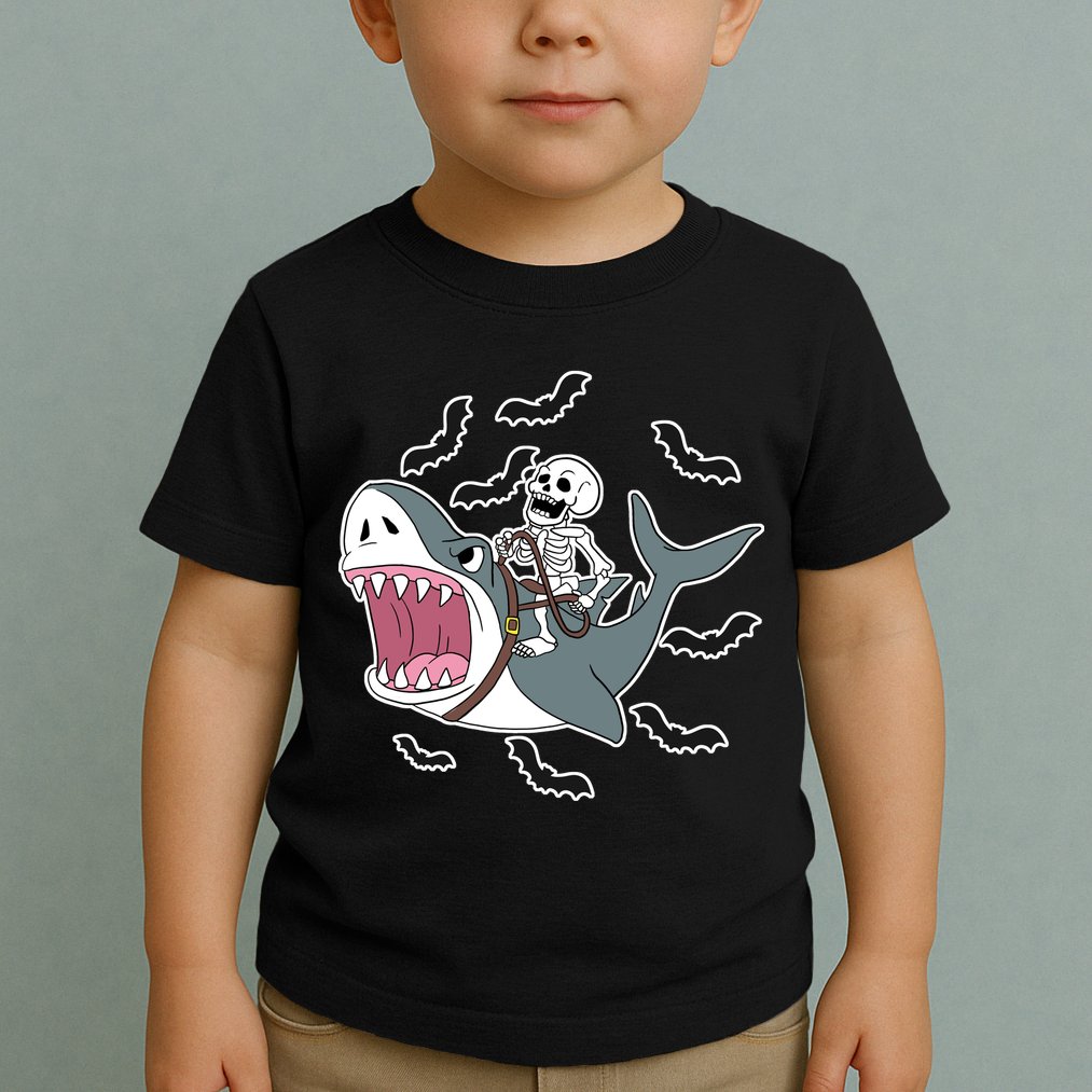 Skeleton Riding Shark Funny Halloween Toddler T-Shirt