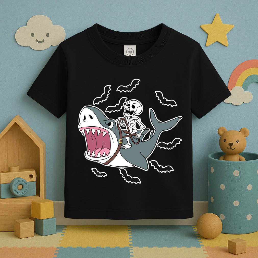 Skeleton Riding Shark Funny Halloween Toddler T-Shirt