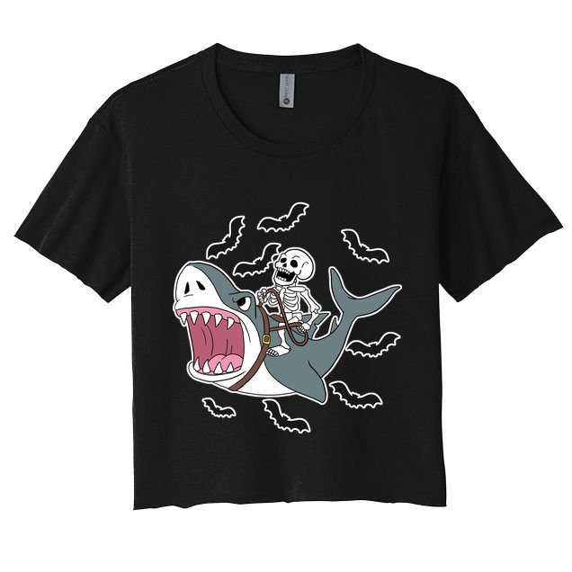 Skeleton Riding Shark Funny Halloween Crop Top