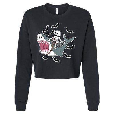 Skeleton Riding Shark Funny Halloween Cropped Pullover Crew