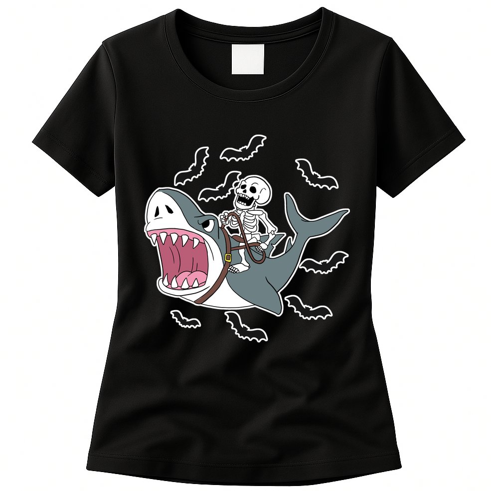 Skeleton Riding Shark Funny Halloween Womens T-Shirt