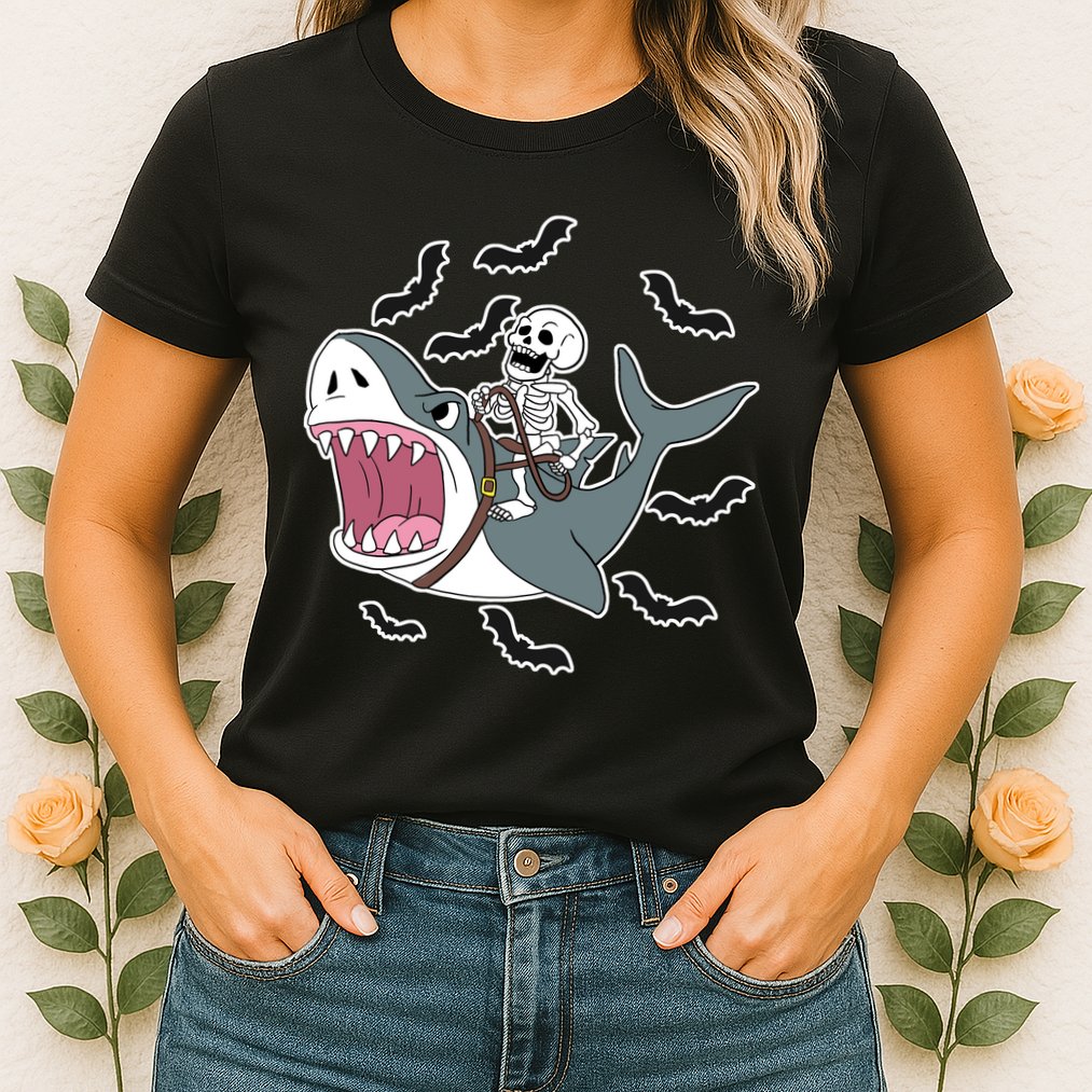 Skeleton Riding Shark Funny Halloween Womens T-Shirt