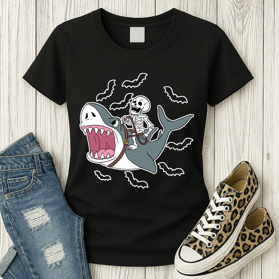 Skeleton Riding Shark Funny Halloween Womens T-Shirt