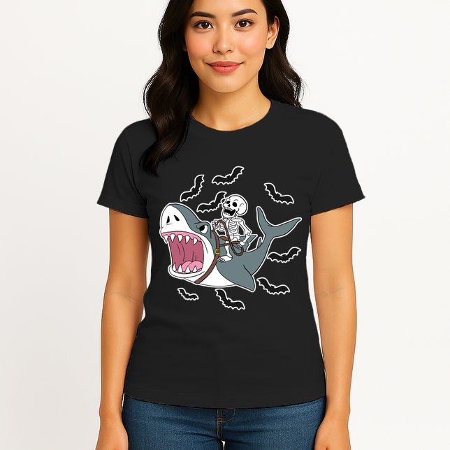 Skeleton Riding Shark Funny Halloween Womens T-Shirt