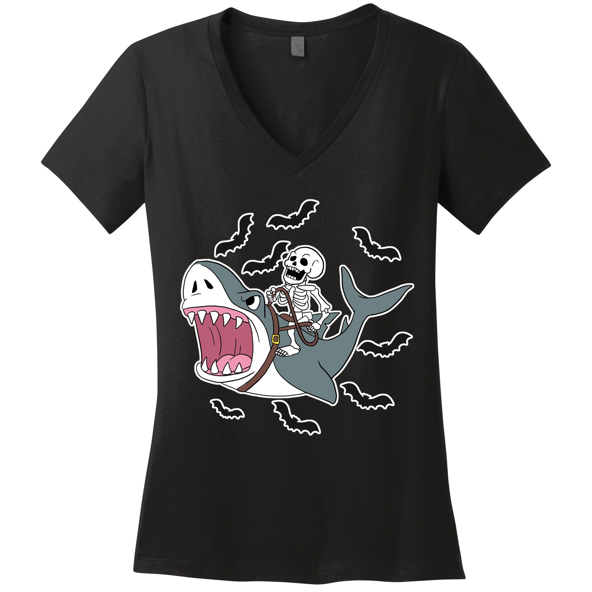 Skeleton Riding Shark Funny Halloween Women's V-Neck T-Shirt