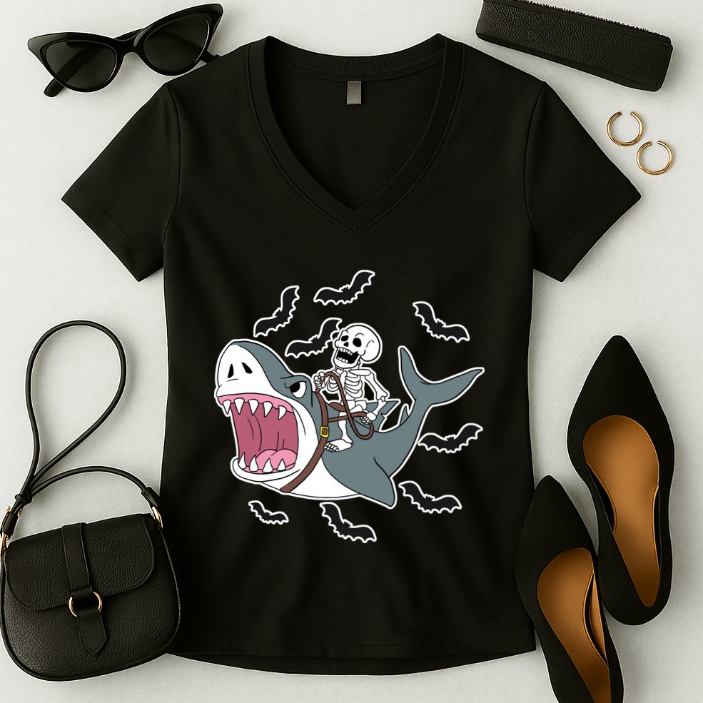 Skeleton Riding Shark Funny Halloween Women's V-Neck T-Shirt