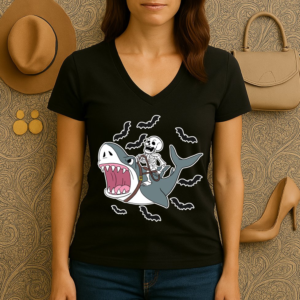 Skeleton Riding Shark Funny Halloween Women's V-Neck T-Shirt