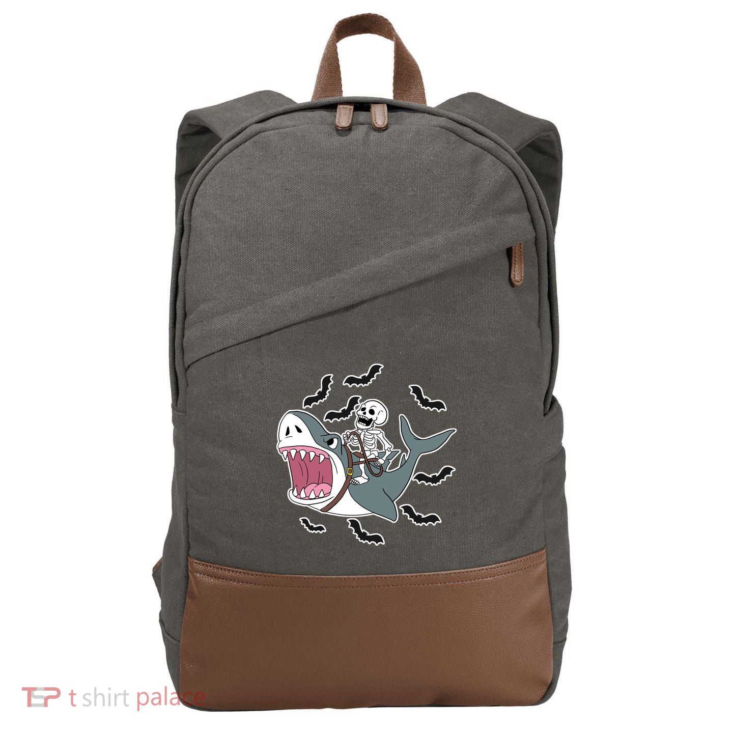 Skeleton Riding Shark Funny Halloween Cotton Canvas Backpack