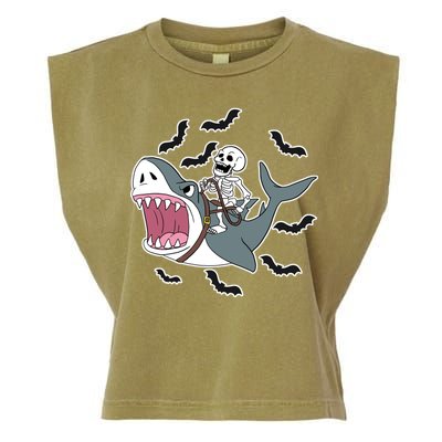 Skeleton Riding Shark Funny Halloween Garment-Dyed Women's Muscle Tee