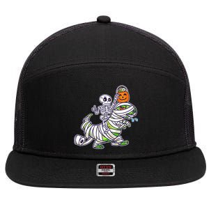 Skeleton Riding T-Rex Halloween 7 Panel Mesh Trucker Snapback Hat