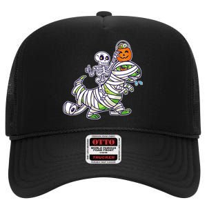 Skeleton Riding T-Rex Halloween High Crown Mesh Back Trucker Hat