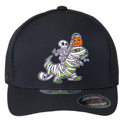 Skeleton Riding T-Rex Halloween Flexfit Unipanel Trucker Cap