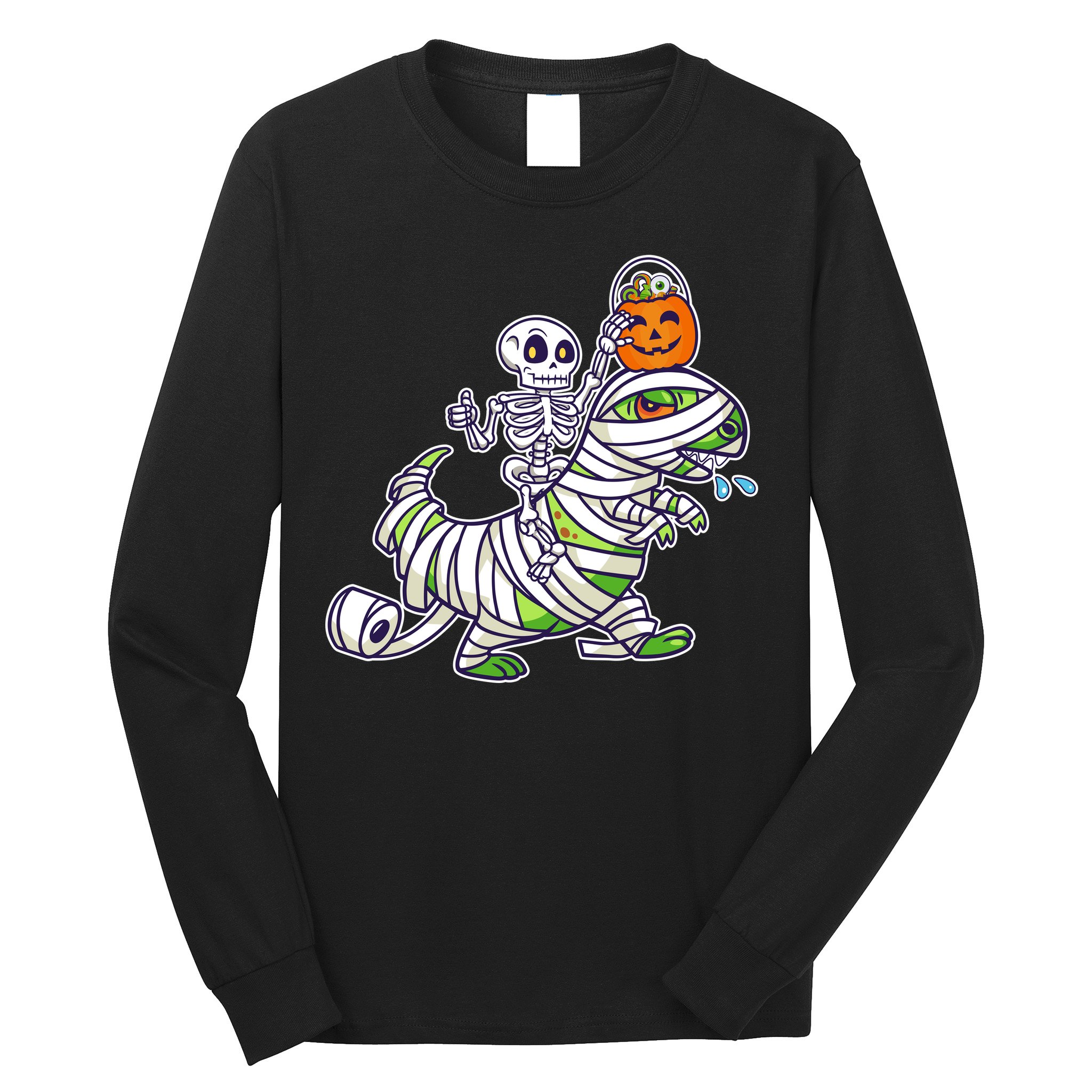 Skeleton Riding T-Rex Halloween Long Sleeve Shirt