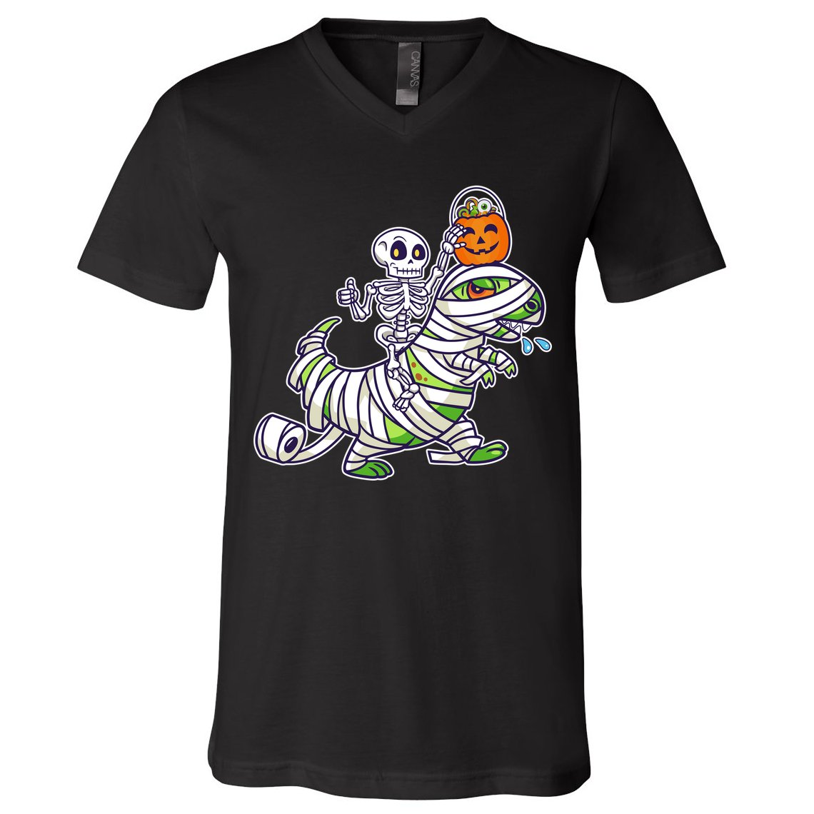 Skeleton Riding T-Rex Halloween V-Neck T-Shirt