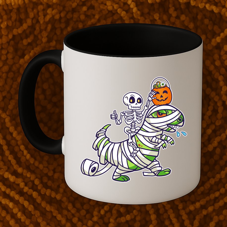 Skeleton Riding T-Rex Halloween Mug