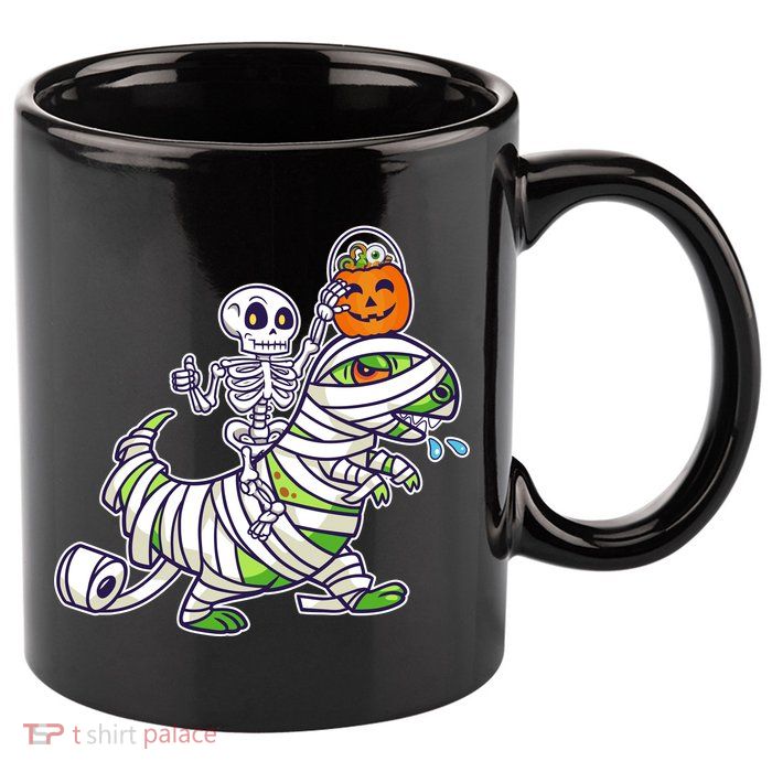 Skeleton Riding T-Rex Halloween 11oz C Handle Ceramic Mug