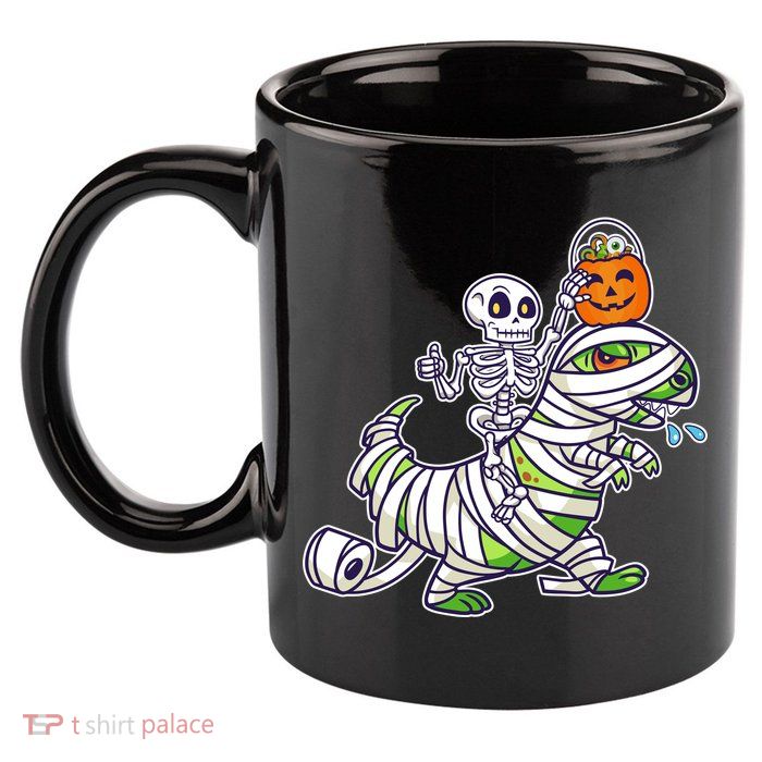 Skeleton Riding T-Rex Halloween 11oz C Handle Ceramic Mug