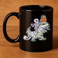 Skeleton Riding T-Rex Halloween 11oz C Handle Ceramic Mug