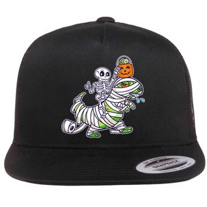 Skeleton Riding T-Rex Halloween Flat Bill Trucker Hat