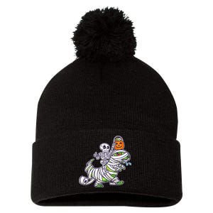 Skeleton Riding T-Rex Halloween Pom Pom 12in Knit Beanie