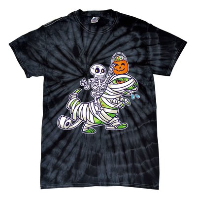 Skeleton Riding T-Rex Halloween Tie-Dye T-Shirt