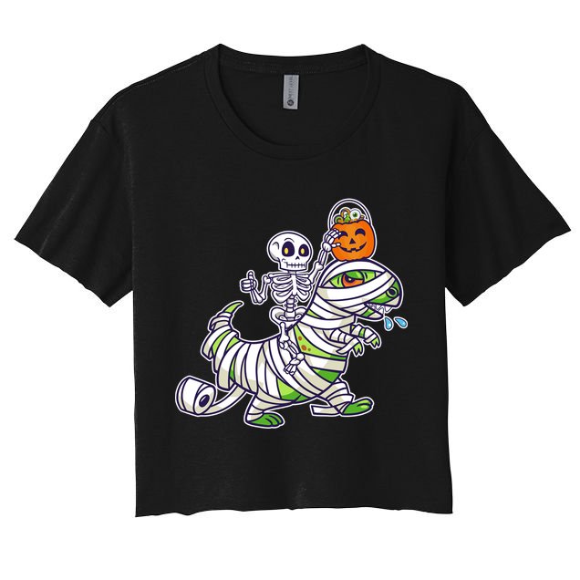 Skeleton Riding T-Rex Halloween Crop Top