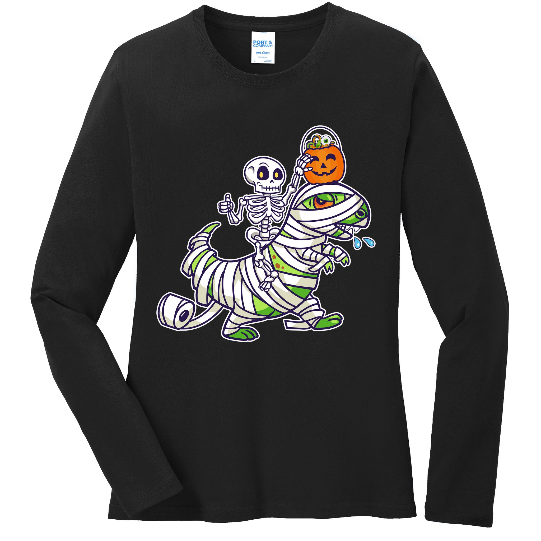 Skeleton Riding T-Rex Halloween Ladies Long Sleeve Shirt