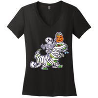 Skeleton Riding T-Rex Halloween Women's V-Neck T-Shirt