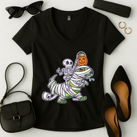 Skeleton Riding T-Rex Halloween Women's V-Neck T-Shirt