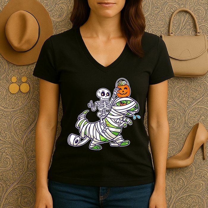 Skeleton Riding T-Rex Halloween Women's V-Neck T-Shirt