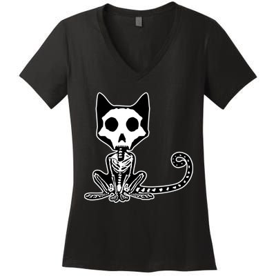 Skeleton X-Ray Cat Day Of The Dead Women's V-Neck T-Shirt