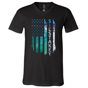 Siesta Key Florida Summer Sunset American Flag Patriotic V-Neck T-Shirt