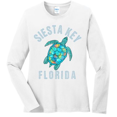 Siesta Key FL Beach Design Sea Turtle Illustration Gift Ladies Long Sleeve Shirt