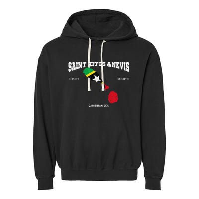 St Kitts Flag And Map St Kitts And Nevis Coordinates Garment-Dyed Fleece Hoodie