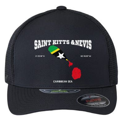 St Kitts Flag And Map St Kitts And Nevis Coordinates Flexfit Unipanel Trucker Cap