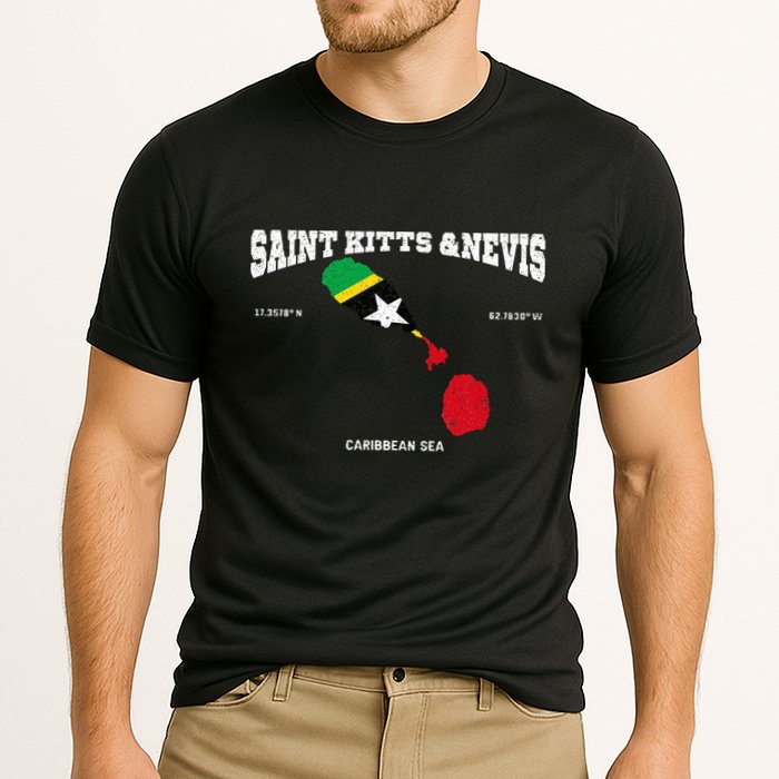 St Kitts Flag And Map St Kitts And Nevis Coordinates Performance Shirt