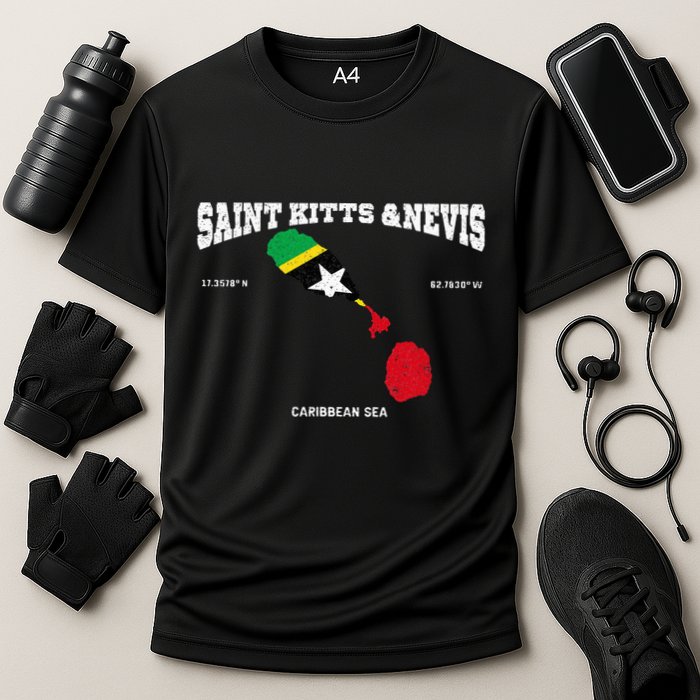St Kitts Flag And Map St Kitts And Nevis Coordinates Performance Shirt
