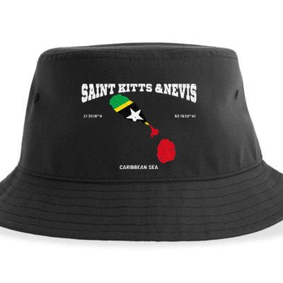 St Kitts Flag And Map St Kitts And Nevis Coordinates Sustainable Bucket Hat