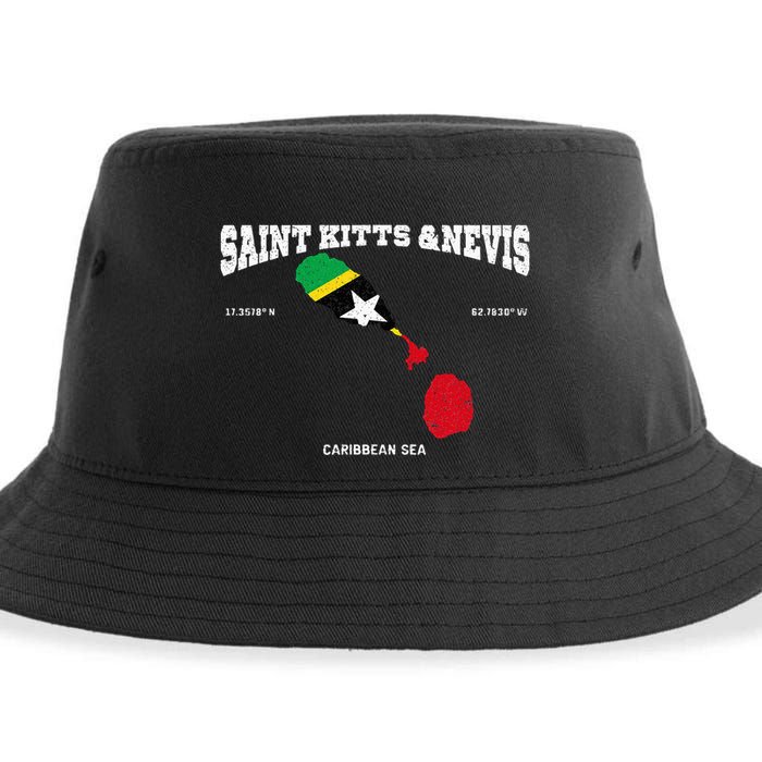 St Kitts Flag And Map St Kitts And Nevis Coordinates Sustainable Bucket Hat