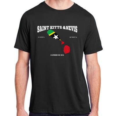 St Kitts Flag And Map St Kitts And Nevis Coordinates Adult ChromaSoft Performance T-Shirt