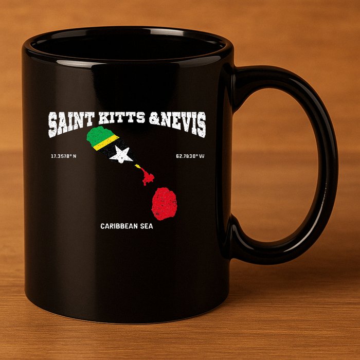 St Kitts Flag And Map St Kitts And Nevis Coordinates 11oz C Handle Ceramic Mug