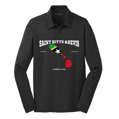 St Kitts Flag And Map St Kitts And Nevis Coordinates Silk Touch Performance Long Sleeve Polo