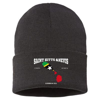 St Kitts Flag And Map St Kitts And Nevis Coordinates Sustainable Knit Beanie
