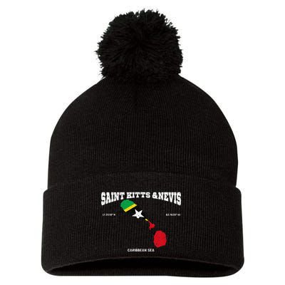 St Kitts Flag And Map St Kitts And Nevis Coordinates Pom Pom 12in Knit Beanie