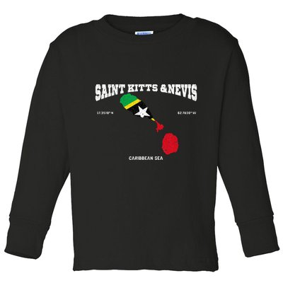 St Kitts Flag And Map St Kitts And Nevis Coordinates Toddler Long Sleeve Shirt