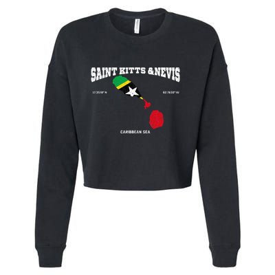 St Kitts Flag And Map St Kitts And Nevis Coordinates Cropped Pullover Crew