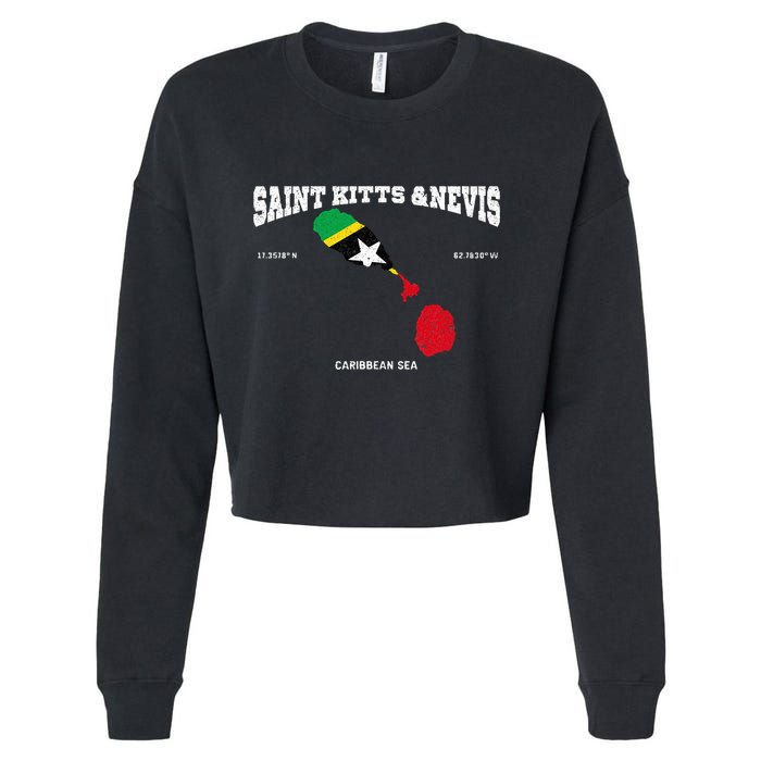 St Kitts Flag And Map St Kitts And Nevis Coordinates Cropped Pullover Crew